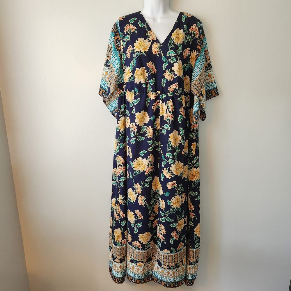 Chico's Kaftan Dress Women's 3 Navy Floral Kimono Sleeve Maxi Cruise Resortwear